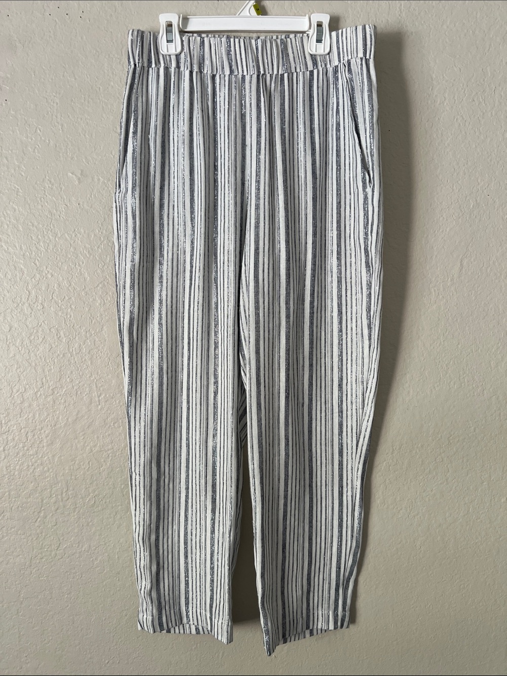EUC 9SEED Linen & Cotton Blend Striped Silver/Navy Elastic Waist Pants P/S